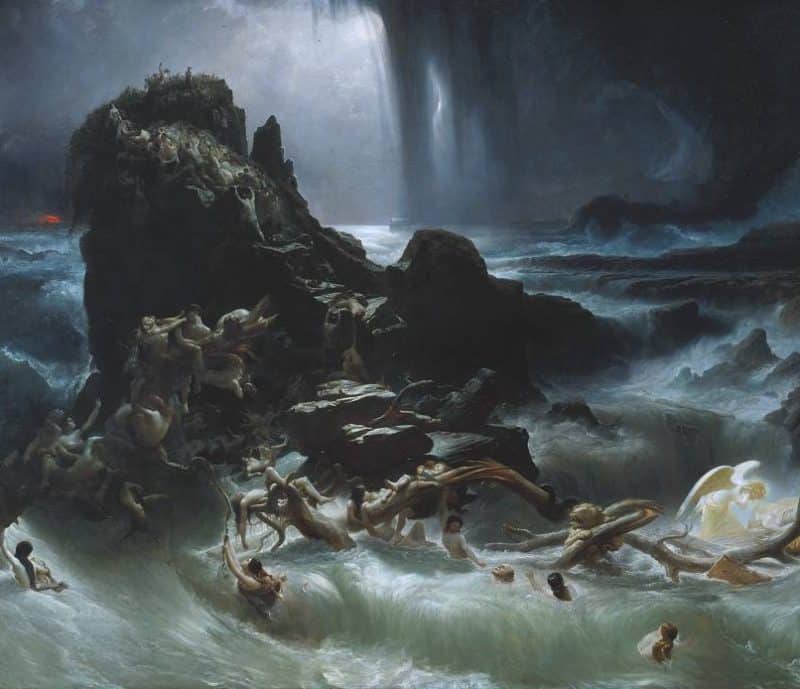 A painting of a man in a tenacious grip on his boat in a storm.
