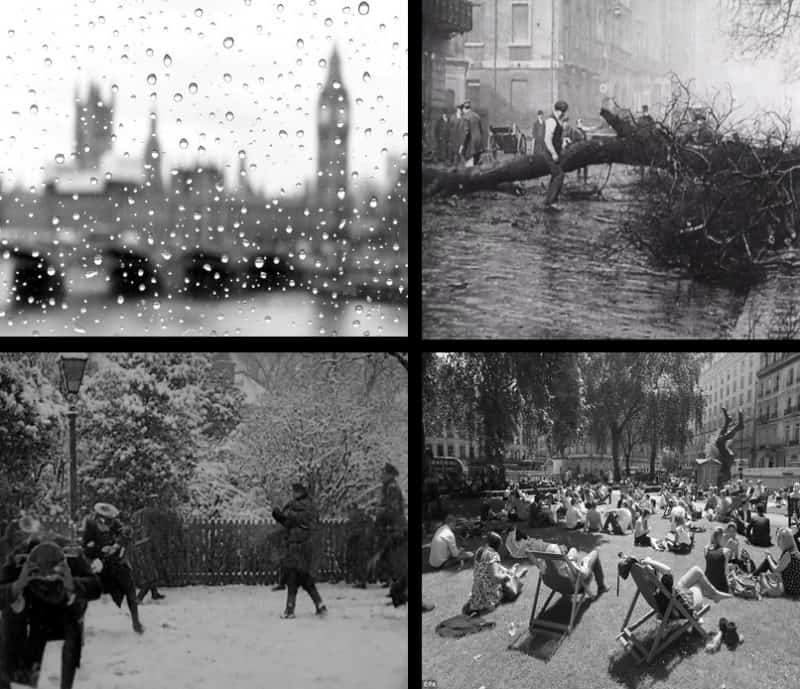 Four black and white photos of people playing in the everyday London weather.