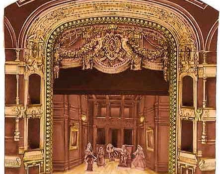 A model of a theatre with a stage and chairs, designed for a three-acts drama.