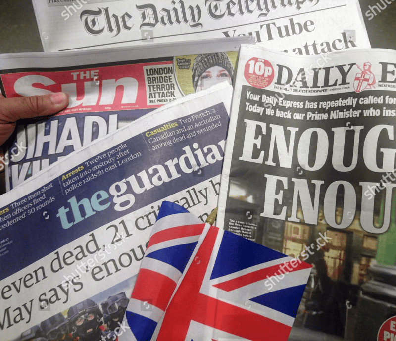 British newspapers, featuring UK national newspaper editorials with a British flag.