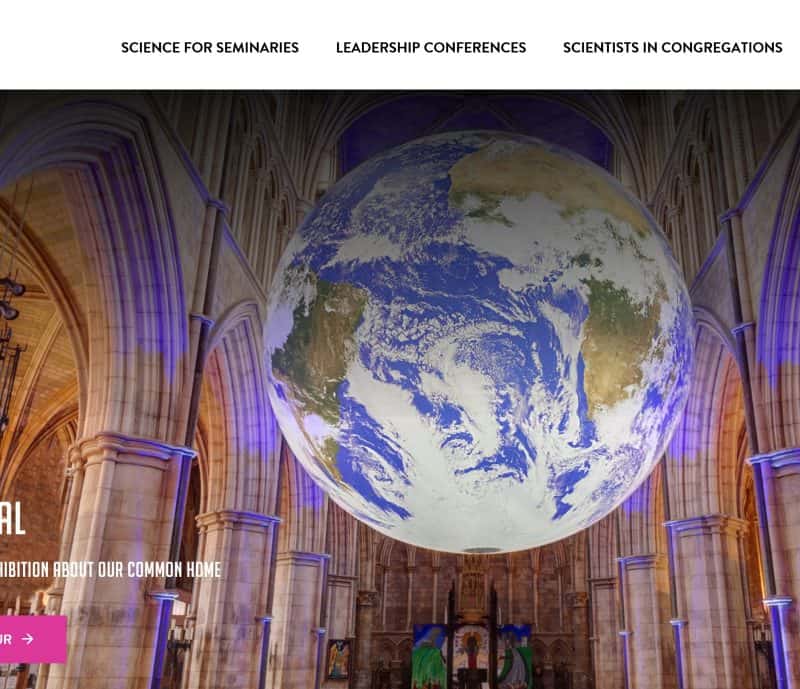 A website with a globe in the middle of a cathedral, highlighting the intersection of Climate Change and Religious Values.