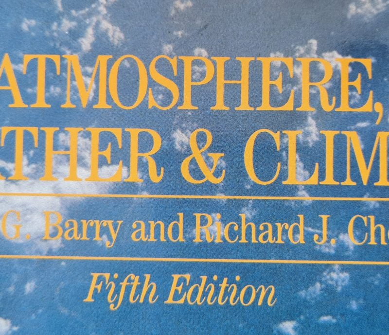 Cover of the book titled "Climate Book: atmosphere, weather & climate" by Roger G. Barry and Richard J. Chorley, fifth edition, with a cloudy blue background.