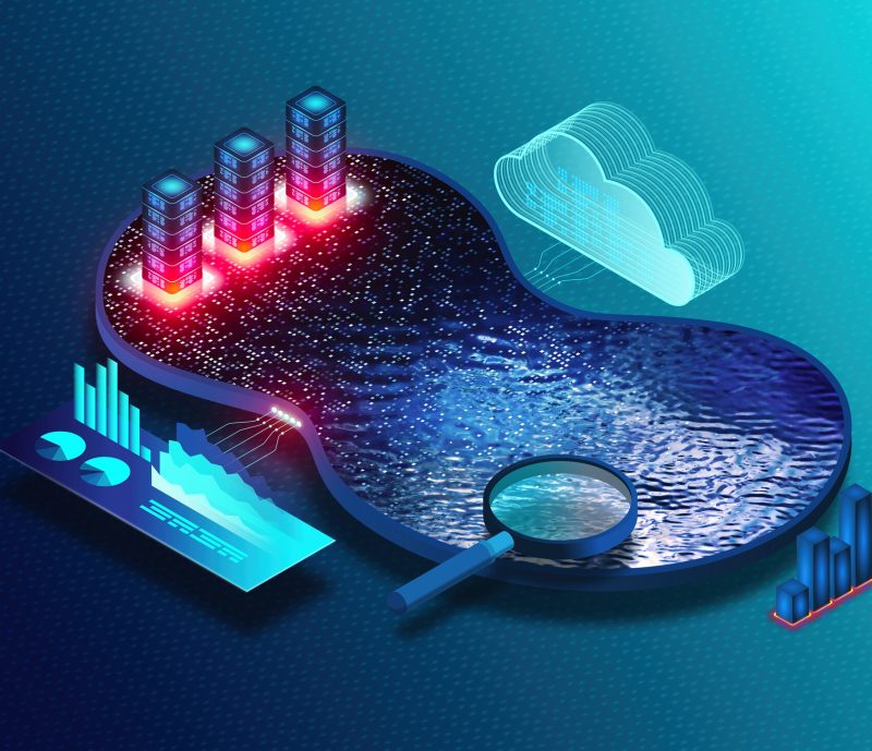 A blue, digital illustration depicting a data lake with buildings, a cloud icon, graphs, and a magnifying glass—representing data storage, cloud computing, and data analysis—alongside digital twins of Earth.