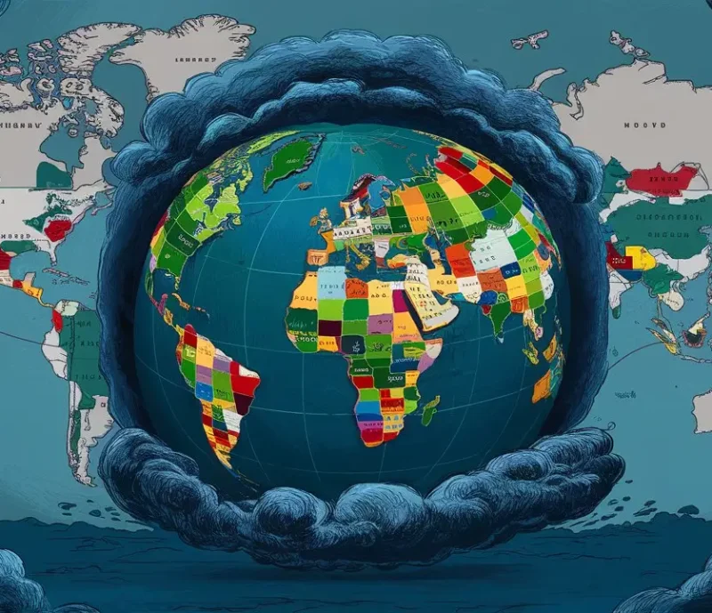 An illustrated world map with countries in bright colors is surrounded by dark clouds against a blue background, subtly hinting at the geopolitics shaping our ever-changing climate.