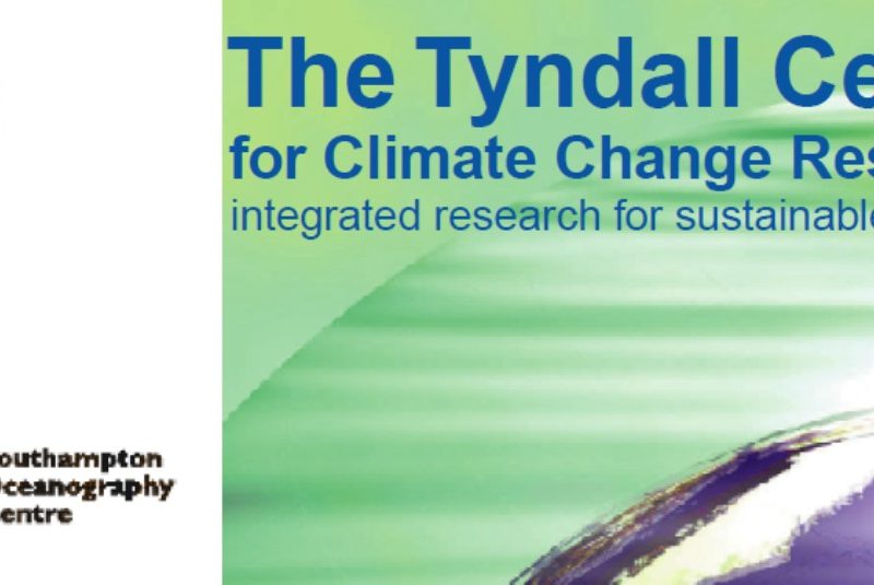 Logos for UEA Norwich, UMIST, and Southampton Oceanography Centre proudly celebrate 25 years of the Tyndall Centre for Climate Change Research: integrated research for sustainable solutions.