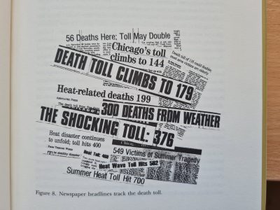 Several overlapping newspaper headlines report rising death tolls from heat-related incidents, echoing the stark warnings found in the 2002 Climate Book, with numbers like "Death Toll Climbs to 179" and "The Shocking Toll: 376.