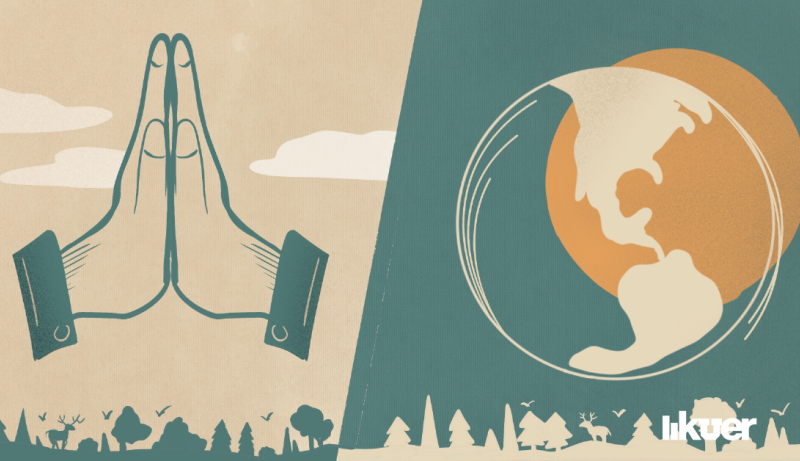 Illustration showing two hands pressed together in prayer on the left and a stylized globe on the right, with trees and animal silhouettes below—symbolizing the meeting of religious knowledge and IPCC-driven environmental awareness.