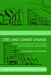 Book cover with green background, black line drawings of city buildings, trees, and a truck. Title: "Cities and Climate Change," a notable 2003 Climate Book by Harriet Bulkeley and Michele Betsill.