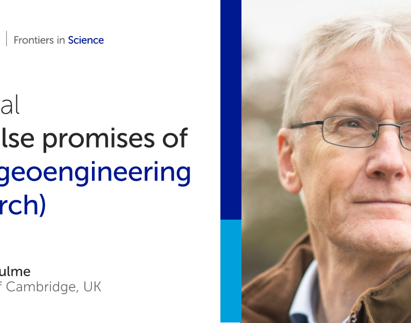 A man with glasses looks into the distance; beside him, editorial text reads "The false promises of polar geoengineering research" by Prof Mike Hulme, University of Cambridge.