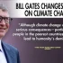 Bill Gates stands smiling beside a quote about the tough truths of climate change’s consequences, with a Fox News logo and headline highlighting his changed stance on the issue.