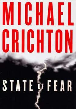 Book cover of "State of Fear," a 2005 climate book by Michael Crichton, featuring the author’s name in bold red letters and a lightning bolt against a dark, cloudy background.