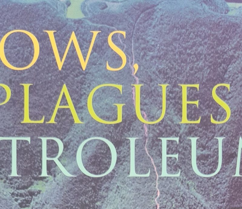 Cover of "Plows, Plagues & Petroleum," a 2005 Book of the Year and acclaimed climate book, featuring an aerial photo of green, terraced hills in the background.