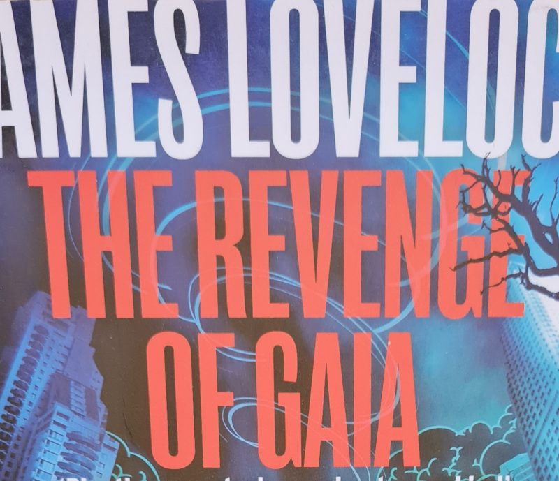 Book cover of "The Revenge of Gaia," a 2006 Climate Book by James Lovelock, featuring bold red and white text over a blue background with buildings and a silhouette of a tree. A Book of the Year nominee.