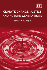 Book cover for "Climate Change, Justice and Future Generations" by Edward A. Page—this notable 2006 climate book features a red-tinted image of a clock submerged in water.
