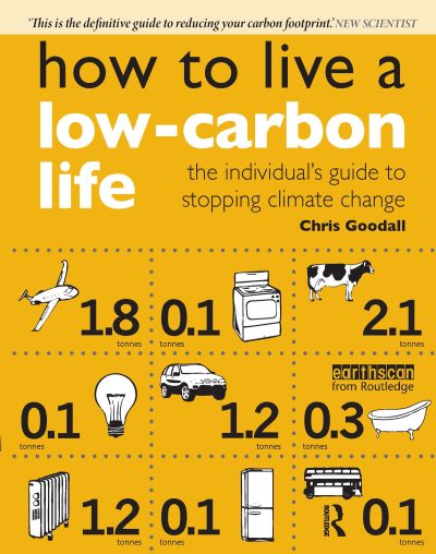 Book cover titled "How to Live a Low-Carbon Life," the acclaimed 2007 Climate Book, featuring icons of transport, appliances, and energy use with associated carbon emission values in tonnes.