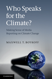 Book cover for "Who Speaks for the Climate?" by Maxwell T. Boykoff, a 2011 Climate Book of the Year, featuring a microphone with an image of the Earth on it against a dark background.