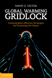 Book cover of the 2011 climate book "Global Warming Gridlock" by David G. Victor, featuring neon lines forming a stylized building with the title and subtitle in bold white and yellow text—hailed as a Book of the Year.