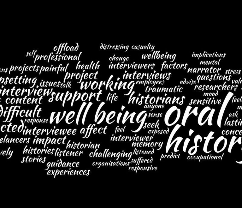 A word cloud on a black background featuring terms related to oral history, wellbeing, and climate history, such as "oral," "history," "wellbeing," "support," "climate," and "oral history interviews.