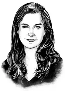 Black and white illustration of a woman with long hair, wearing a dark top, looking forward with a neutral expression, inspired by themes from the 2012 Climate Book of the Year.