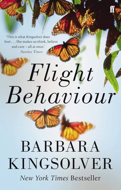 Book cover for "Flight Behaviour" by Barbara Kingsolver, the 2012 Book of the Year, featuring several orange and black monarch butterflies against a light background—a stunning Climate Book exploration.