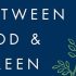 Navy blue background with white text reading "Between God & Green," a 2012 Climate Book of the Year, and a simple green leafy plant illustration.