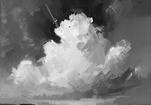 Monochrome digital painting of a dramatic cloud formation over a flat landscape, featuring bold, textured brushstrokes and strong contrasts of light and shadow, evoking the clarity of a clean atmosphere and visions of climate futures.