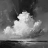 Monochrome digital painting of a dramatic cloud formation over a flat landscape, featuring bold, textured brushstrokes and strong contrasts of light and shadow, evoking the clarity of a clean atmosphere and visions of climate futures.