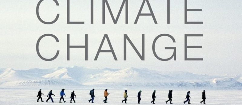 A group of people walk across a snowy landscape with mountains in the background; large text reads "HOW CLIMATE CHANGE.