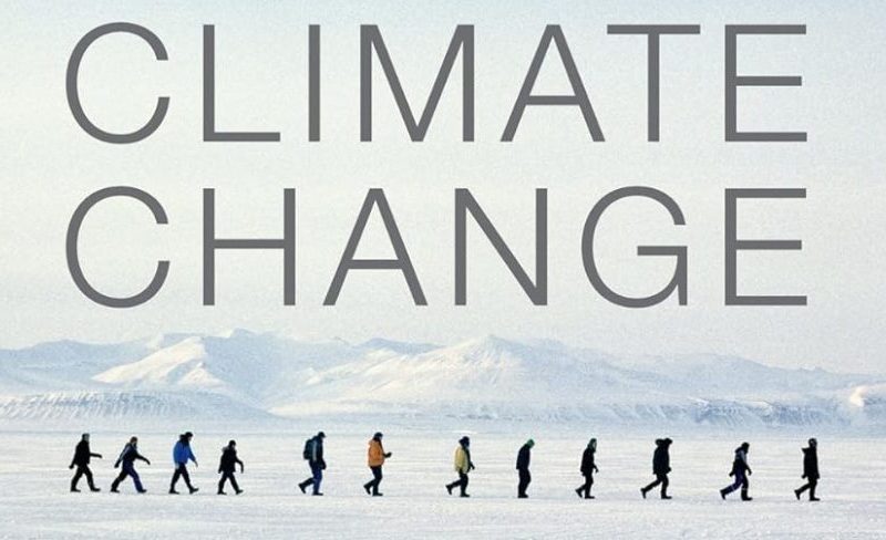 A group of people walk across a snowy landscape with mountains in the background; large text reads "HOW CLIMATE CHANGE.