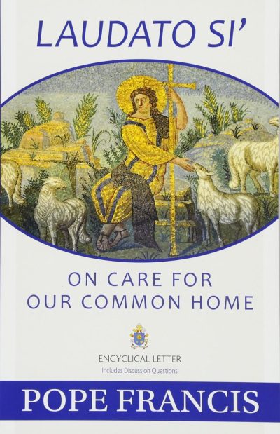 Cover of "Laudato Si': On Care for Our Common Home," Pope Francis’s influential 2015 Climate Book, featuring an ancient mosaic of a shepherd with sheep and text about the encyclical letter that became a Book of the Year.