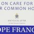 Cover of the 2015 climate book "On Care for Our Common Home," an encyclical letter by Pope Francis, featuring a blue and white design and the Vatican coat of arms.